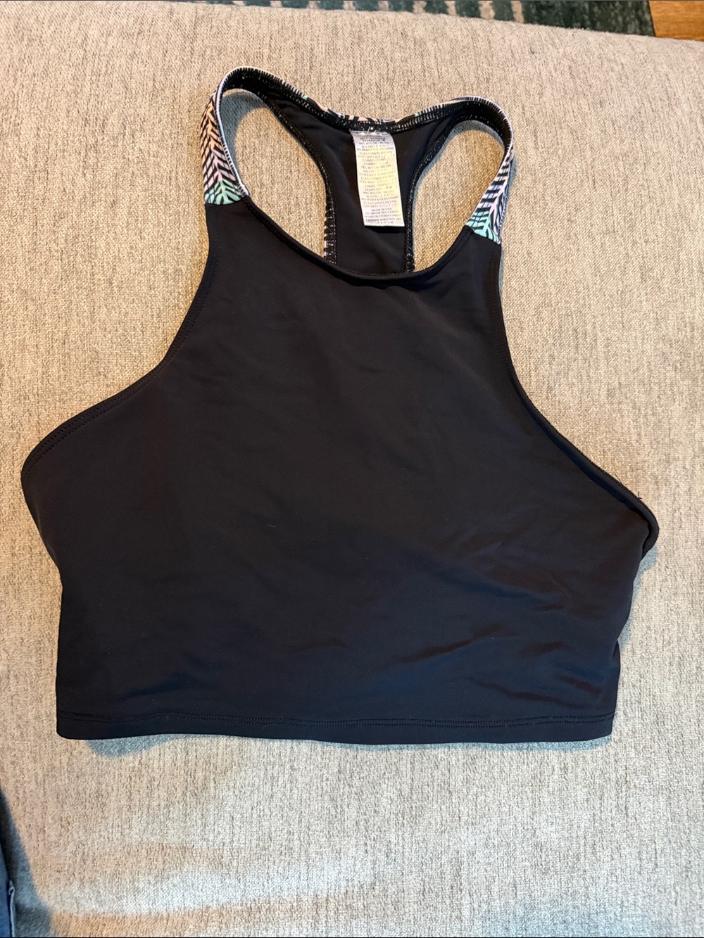 Mara Hoffman Black High Neck Racerback Sports Bralette with Patterned Straps